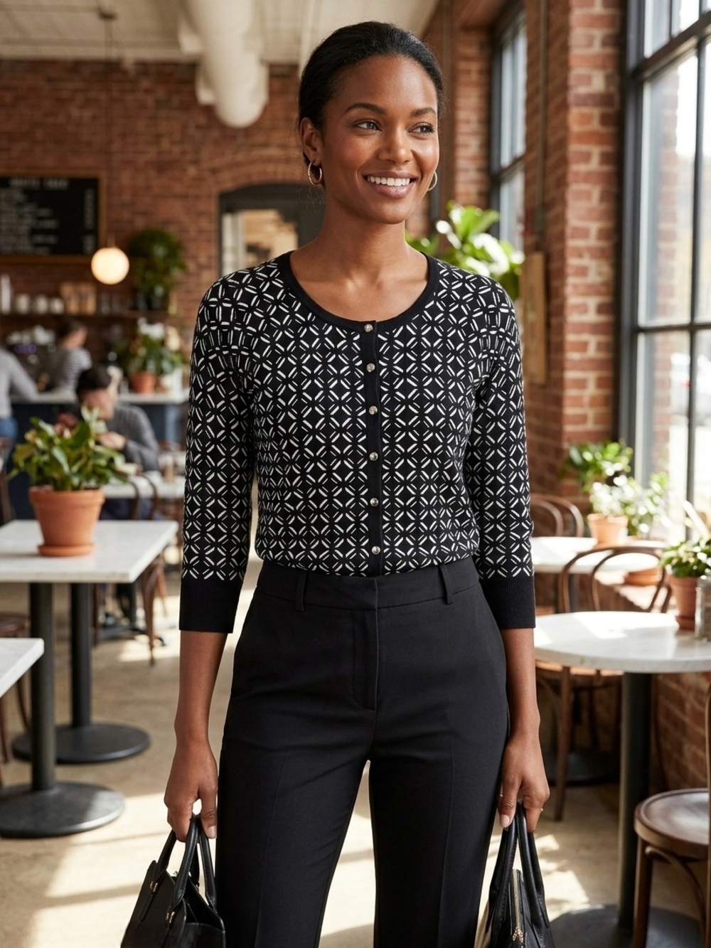 White House Black Market Black & White 3/4 Sleeve Geometric Print Cardigan Small